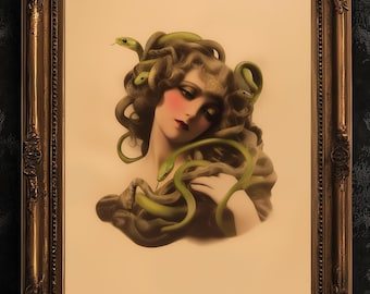 Medusa Art Print, Gothic Wall Art Decor, Goth Sepia Dark Academia, Greek Mythology Poster, Whimsigoth Cottagecore Wall Hanging