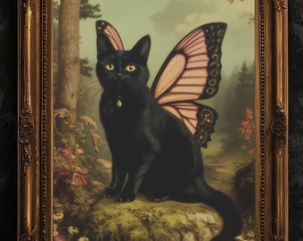 Catterfly, Whimsical Black Cat Fairy Wall Art, Cat Lovers Gift, Vintage Victorian Gothic Poster Prints, Cute Weird items Dark Academia Decor