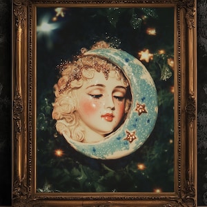 Whimsigoth Moon Face Art Print, Celestial Home Decor