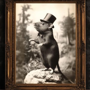 Tjusig rik råtta med hög hatt, vintage viktorianskt fotografi, väggdekor konsttryck för råttälskare, utskrivbar konst, retro konstig konstgåva