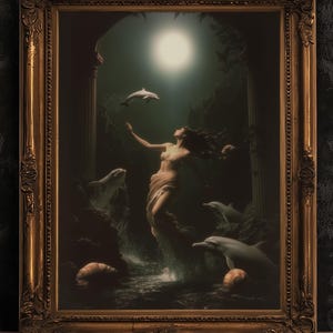 Goddess Amphitrite Art Print, Dark Ocean Ancient Greek Mythology Poster, Whimsigoth Fantasy Sea Nymph Decor, Moonlit Dolphin Painting