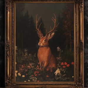 Floral Moody Jackalope Art Print, Surreal Hare Hybrid Wall Decor, Mystical Forest Animal Portrait, Cryptid Fairycore Wall Art