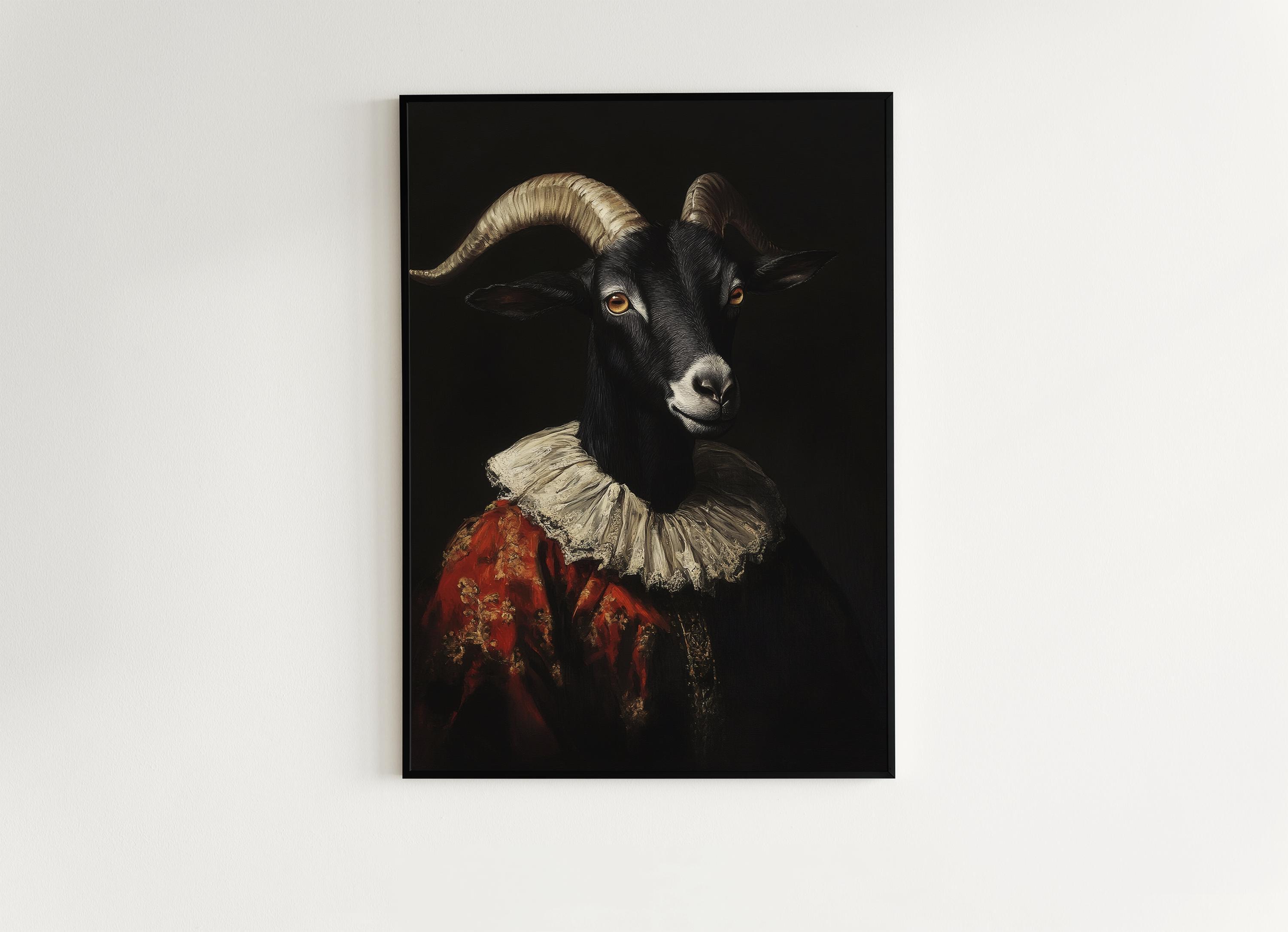 Gothic Black Goat Portrait, Dark Academia Witchy Wall Decor, Royal