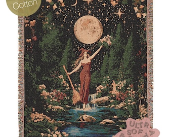 Witch Tapestry Blanket, Woven Throw Blanket, Moon Goddess Wall Art, Cottagecore Witch Decor, Fantasy Witch Blanket, Celestial Witch Gift