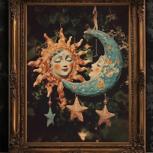 dark academia, dark cottagecore, whimsigoth decor, fairycore decor, witch painting, moon art, whimsical decor, whimsical wallpaper, 90s celestial sun, sun and moon print, best selling items, celestial decor, tarot art print