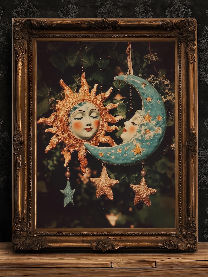 dark academia, dark cottagecore, whimsigoth decor, fairycore decor, witch painting, moon art, whimsical decor, whimsical wallpaper, 90s celestial sun, sun and moon print, best selling items, celestial decor, tarot art print