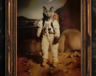 Affiche rétro chat astronaute, art spatial surréaliste