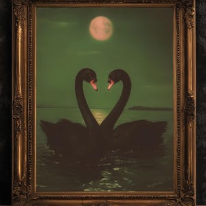 Romantic Black Swan Pair in Moonlight Art Print, Gothic Whimsigoth Wall Decor, Victorian Birds, Vintage Soft Academia Gloomy Gothic Poster