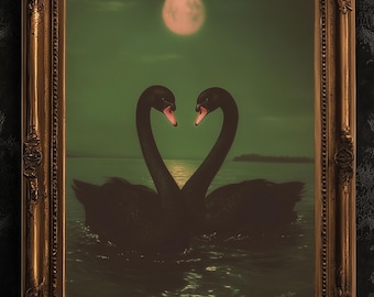 Stampa artistica di una coppia di cigni neri romantici al chiaro di luna, decorazione murale gotica Whimsigoth, uccelli vittoriani, poster gotico cupo vintage Soft Academia
