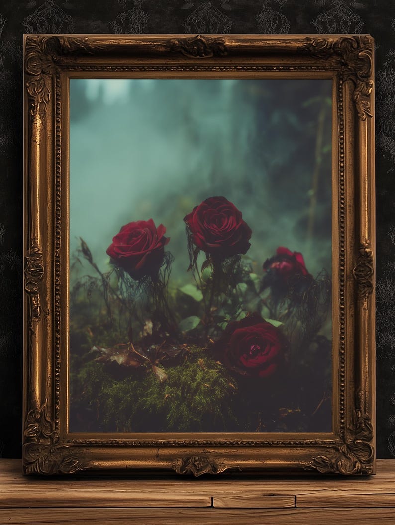 Dark Red Rose Garden Wall Art Print, Gothic Soft Academia Floral ...