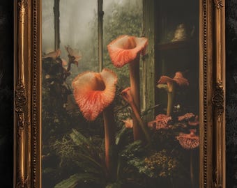 Moody Cobra Lilies Greenhouse Art Print, Dark Botanical Poster, Gothic Garden Floral Decor, Moody Cottagecore Wall Art, Vintage Plant Room