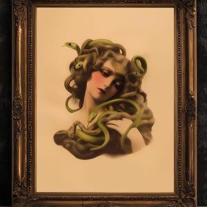 Stampa artistica di Medusa, cartolina Moody Cabinet Card, decorazione da parete gotica vintage, estetica accademica dark seppia gotica, mitologia greca