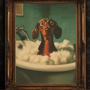 Funny Dachshund Poster, Sausage Dog in Bubble Bath, Whimsical Bathroom Print, Dopamine Decor Wall Art, Dog Lovers and Groomers Gift