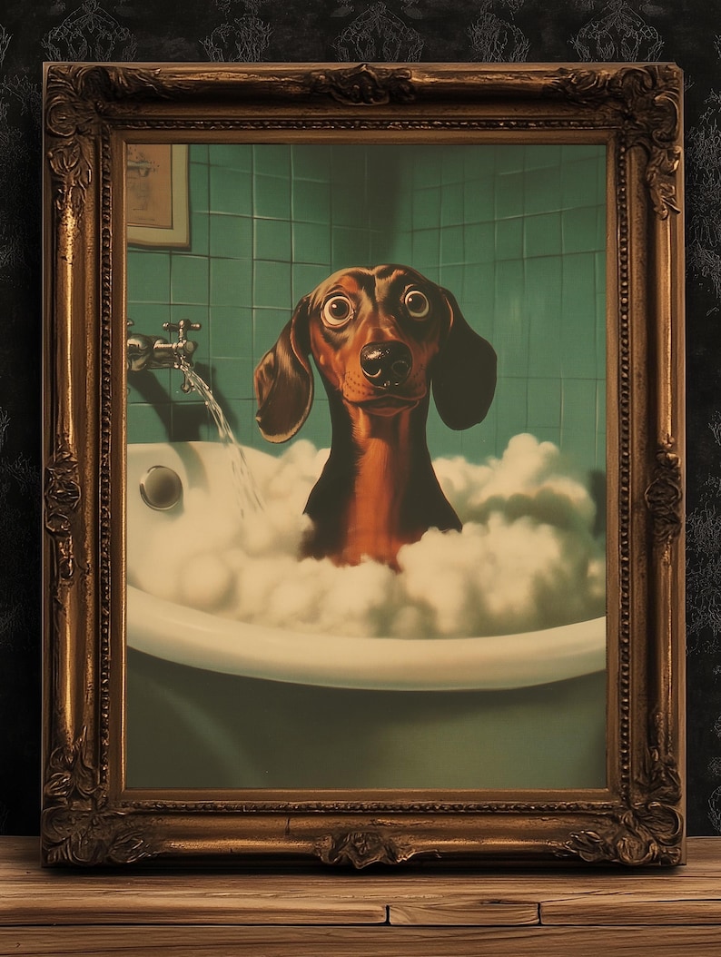 Funny Dachshund Poster, Sausage Dog in Bubble Bath, Whimsical Bathroom Print, Dopamine Decor Wall Art, Dog Lovers and Groomers Gift