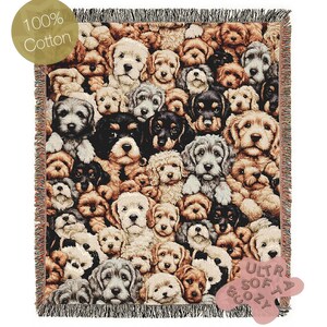 Dogs Throw Blanket, Cottagecore Cute Puppies Print, Whimsical Grandmacore Kitsch Home Decor, Woven Large Tapestry, Cozy Dog Lover Gift