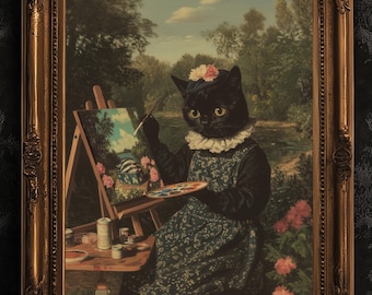 Catticelli, Funny Victorian Cat Painter Art Print, Gothic Cottagecore Poster, Whimsigoth Decor, Vintage Lovers and Soft Weirdcore Aesthetic