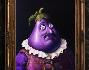 Strano poster di melanzane, stampa artistica di verdure, ritratto di cibo rinascimentale, dipinto di natura morta surreale, eccentrico e divertente arredamento da cucina Weirdcore