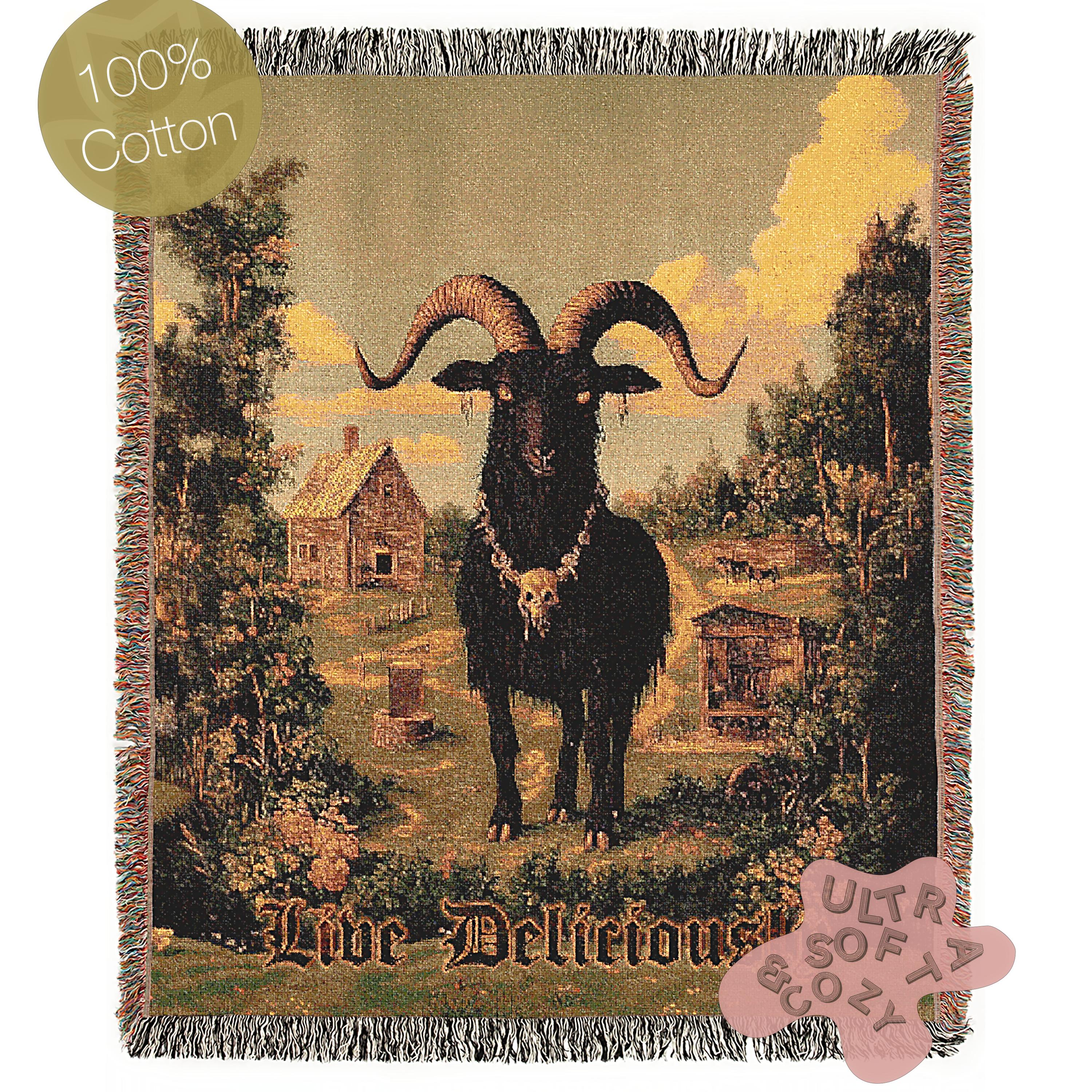 Live Deliciously Black Phillip - Satanic Goat Woven Throw Blanket