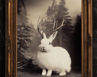 Vintage Jackalope Art Print, Surreal Rabbit with Antlers