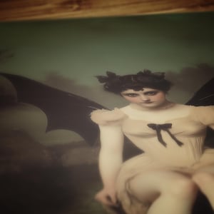 vintage poster, art poster print, dark academia, victorian wall art, gothic painting, halloween decoration, witch art print, nature witch print, dark fantasy poster, moonlit gothic scene, bat woman painting, lilith painting, queen of demons