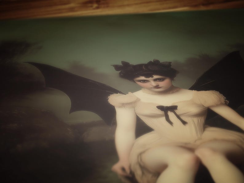 vintage poster, art poster print, dark academia, victorian wall art, gothic painting, halloween decoration, witch art print, nature witch print, dark fantasy poster, moonlit gothic scene, bat woman painting, lilith painting, queen of demons