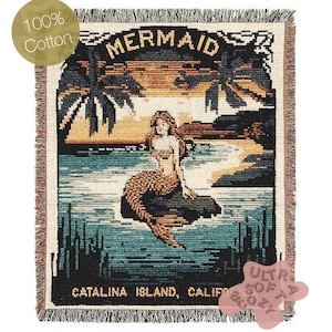 Mermaid Wall Art Tapestry, Mermaidcore Wall Art Siren Beach Decor, Throw Blanket Woven Travel Poster, Cross Stitch Inspired Wall Decor