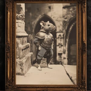 D&#39;artagnan, vintage rattenridder muurkunst hangend, middeleeuwse muiskrijger print in harnas, poster Castlecore, cadeau rattenliefhebber