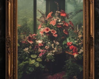 Arte vittoriana in serra, stampa botanica scura, decorazione floreale da giardino gotico, arte murale in stile cottagecore, poster vintage di natura morta in una stanza con piante