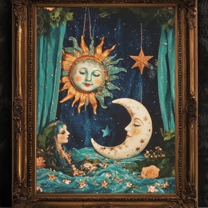 Boho Caravan Sun And Crescent Moon Print, 90s Whimsigoth Decor, Whimsical Celestial Magical Home Decor, Sun Moon Poster, Cosy Witchy Print