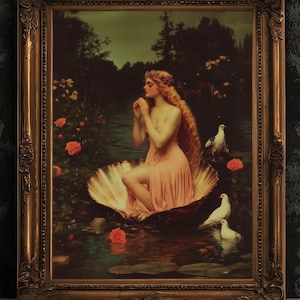 Póster de la diosa Afrodita de la mitología griega romántica, impresión de Venus en concha, pintura floral vintage, decoración de pared caprichosa de romance oscuro