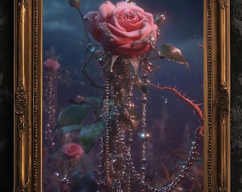 Enchanted Pink Rose Garden Print, Gothic Floral Wall Art, Dark Cottagecore Romantic Poster, Whimsigoth Decor, Dark Academia Home Interiors