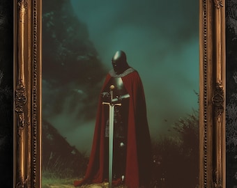 Medieval Knight with Sword Art Print, Gothic Fantasy Warrior Wall Decor, Epic Dark Knight Artwork, Medieval Art Castle Core Aesthetic Poster