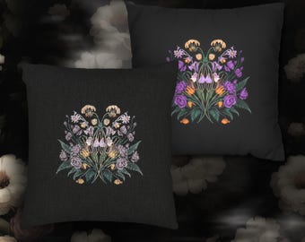 Violet Floral Tapestry & Faux Suede Pillow, Dark Academia Cottagecore Home Interiors, Mystical Floral Cushion, Living Room Whimsigoth Decor