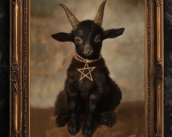Gothic Baby Black Phillip Wall Art, Satanic Baphomet Poster, Witchcraft Aesthetic Painting, Dark Horror Witchy Home Decor, Chibi Goat Print