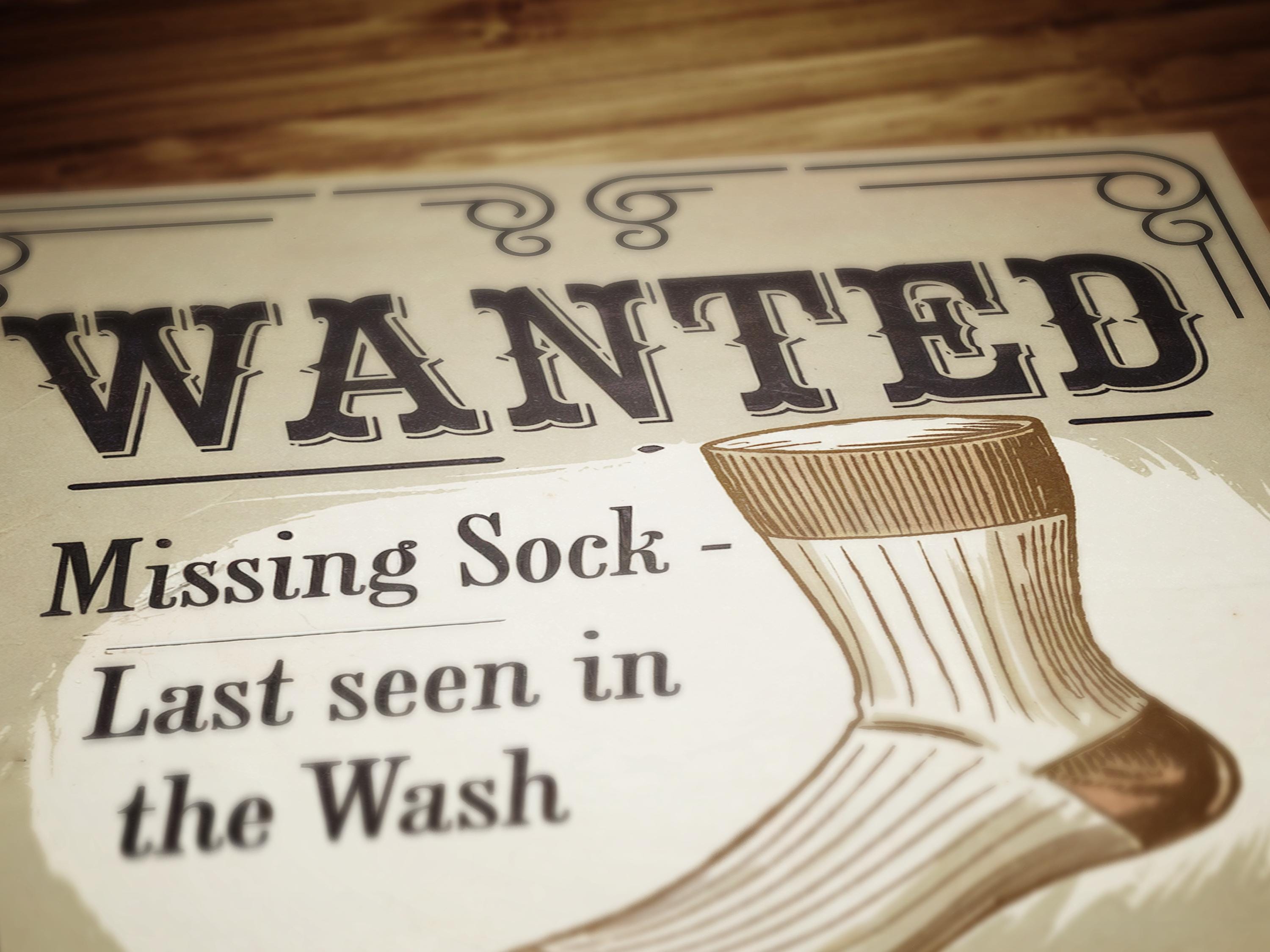 Funny Lost Sock Poster, Vintage Laundry Room Sign, Western Wanted Sign ...