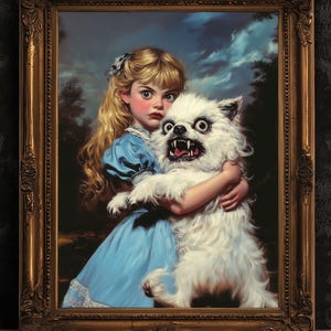 Whimsical Creepy Girl Holding Ugly Dog Painting, Victorian Gothic Decor, Surreal Weird Creepy Wall Art, Aesthetic Weird Items Gift
