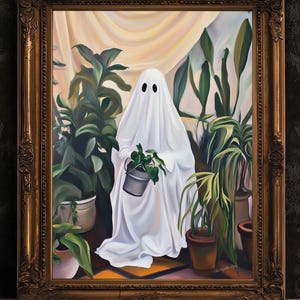 Retro Houseplant Lover Ghost Painting, Victorian Spooky Art Print, Dark Academia, Haunting Ghost, Plant Lover Weird Art Decor Gifts