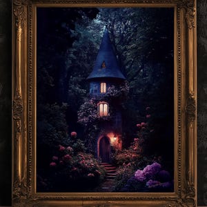 Enchanted Cottage Wall Art, Dark Fairytale Cottage Print, Whimsigoth Fantasy Decor, Gothic Forest House Poster, Mystical Witchcore Aesthetic