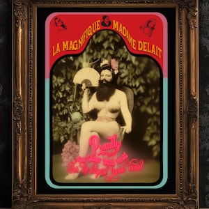 Madame Delait, la femme barbue, oeuvre d'art murale de cirque vintage, carte de cabinet rétro, freakshow, impression sideshow, affiche de bizarreries et de curiosités