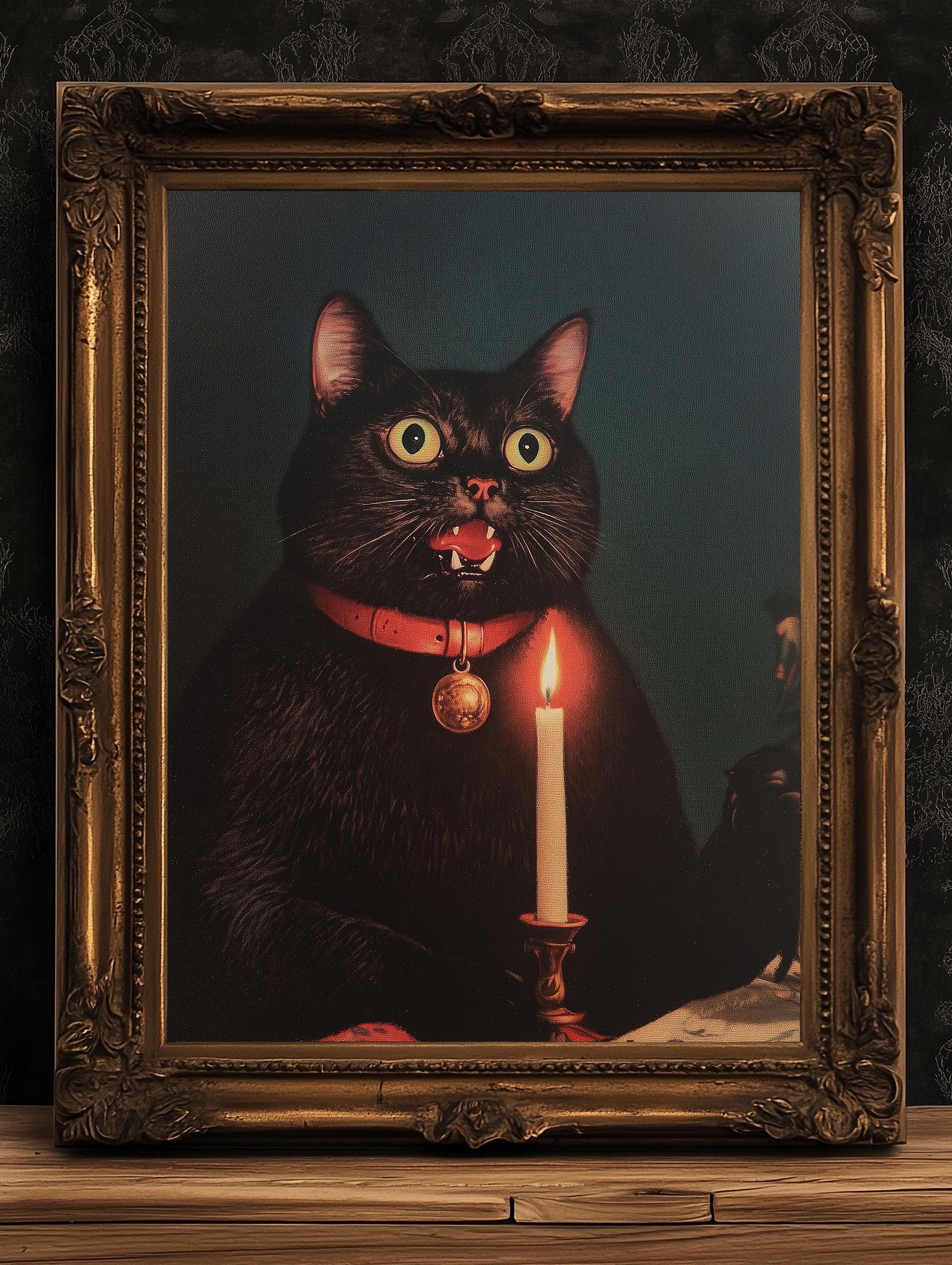 Whimsical Black Cat in Candlelight Art Print Poster, Vintage Humor