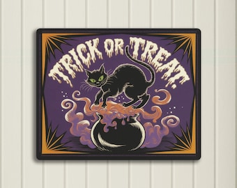 Vintage Halloween Black Cat Aluminum Door Sign, Retro Spooky Decor