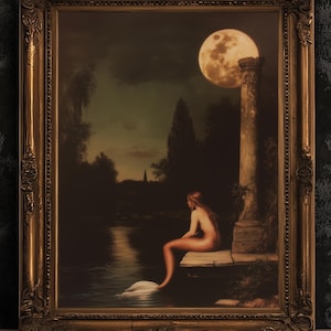 Moonlit Mermaid On a Dock, Whimsical Cozy Bathroom Decor, Whimsigoth Decor, Dark Romance Fantasy Print, Dreamy Floral Decor for Book Lovers
