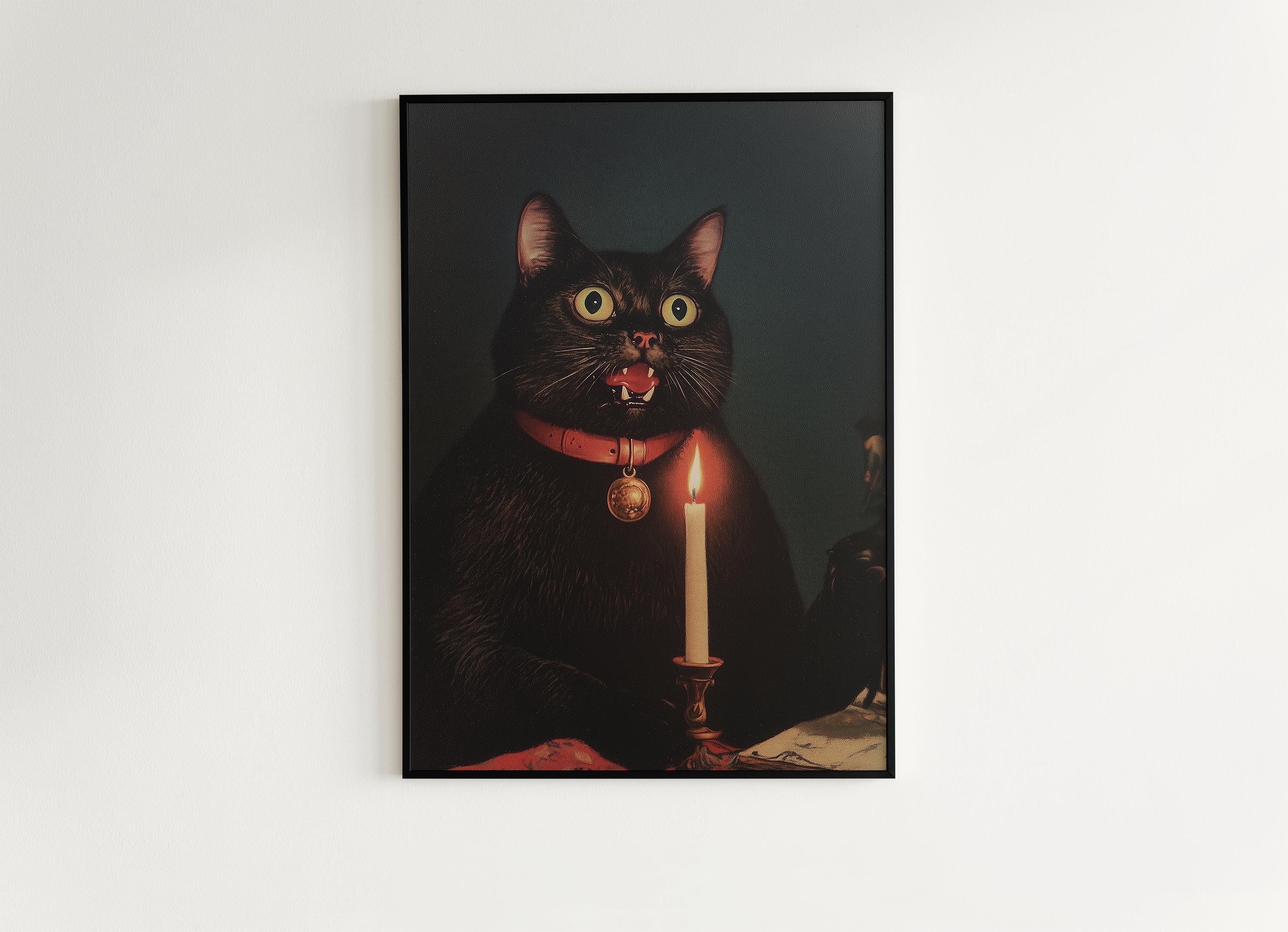 Whimsical Black Cat in Candlelight Art Print Poster, Vintage Humor