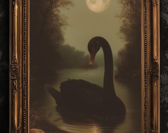 Moody Moonlit Black Swan Art Print, Romantic Wall Art, Victorian Bird, Whimsigoth Nature Wall Decor, Vintage Gloomy Gothic Poster