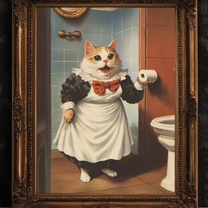 Cat Bathroom Poster, Maid Cat Holding Toilet Paper, Funny Bathroom Print, Quirky Wall Art, Cat Lovers Whimsical Gift, Weird Home Decor