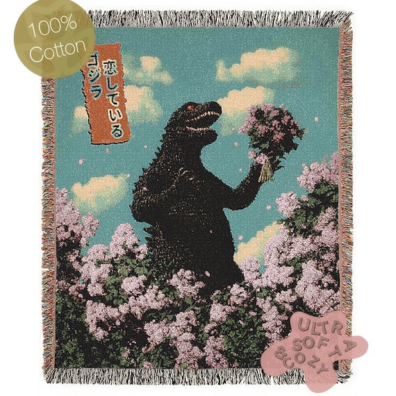 Godzilla in Love Sakura Bouquet, Cotton Woven Blanket Throw