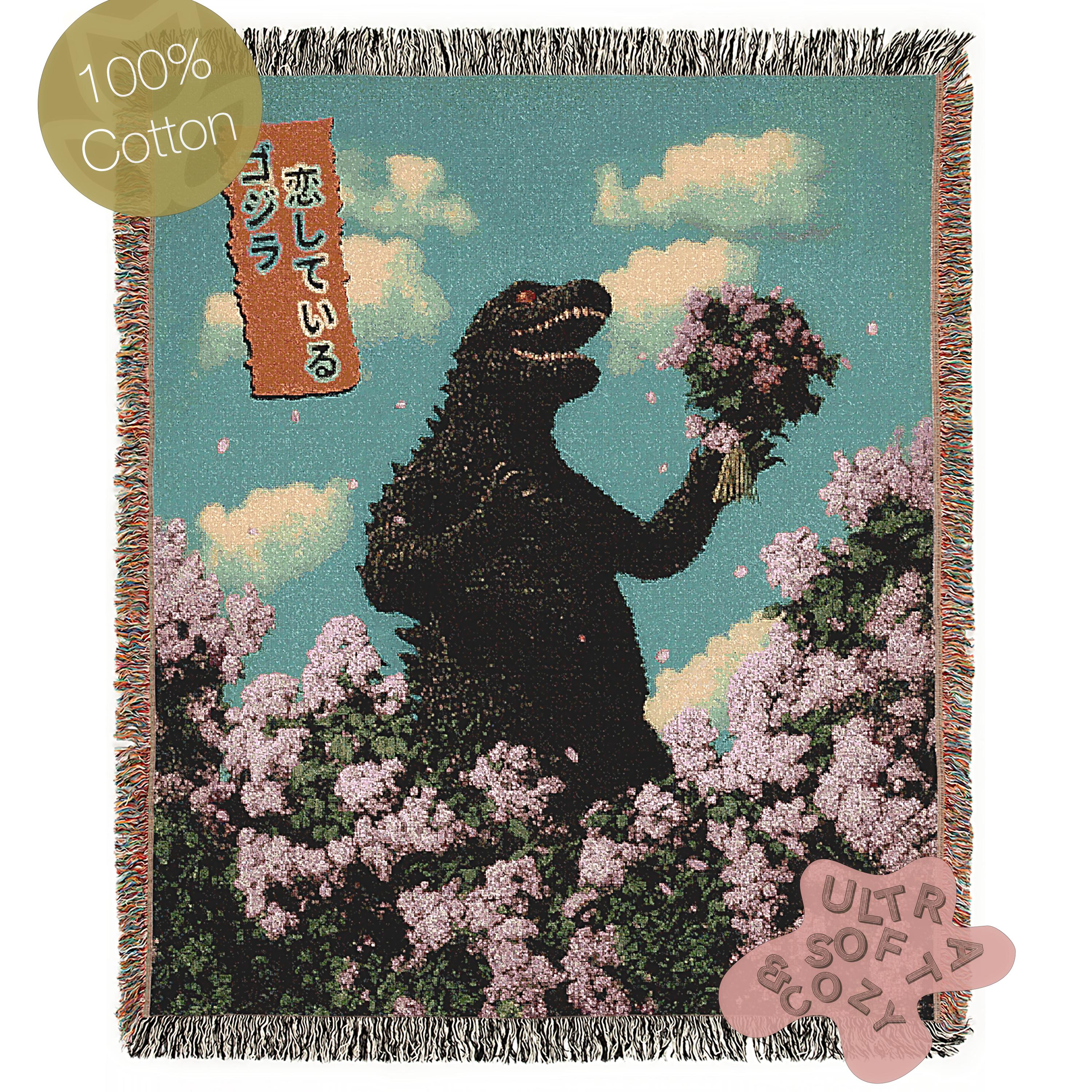 Godzilla in Love Sakura Bouquet, Cotton Woven Blanket Throw