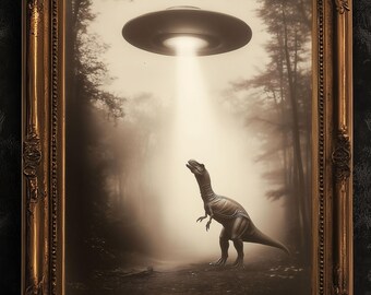 T-Rex Dinosaur Abducted by UFO, Cottagecore Poster, Art Poster Print, Dark Academia, Gothic Spooky, Halloween Art, Spooky Space, Sci fi