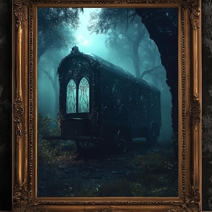 Arte mural de caravana embrujada, impresión de fantasía oscura, obra de arte de bosque gótico, decoración estética Whimsigoth, póster de carro vintage espeluznante, Dark Academia