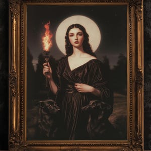 Hecate Greek Goddess Poster, Triple Moon Goddess Painting Print, Whimsigoth Decor Hekate Goddess Wall art, Witchy Dark Academia Print